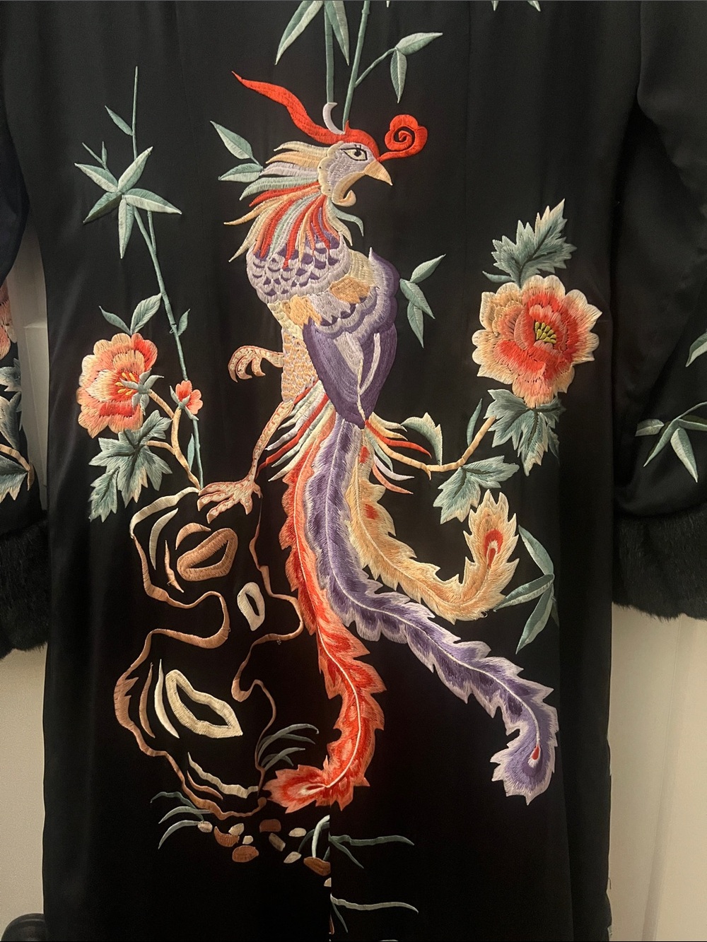 Sue Wong Black Trench Coat with Red & Green Floral Embroidery - Picture 5 of 5